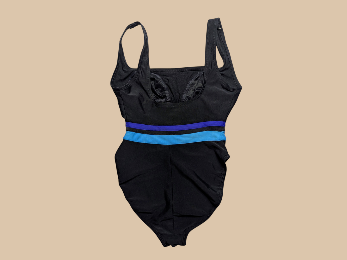 80s Anne Cole Black One-piece Swimsuit with Blue Stripes