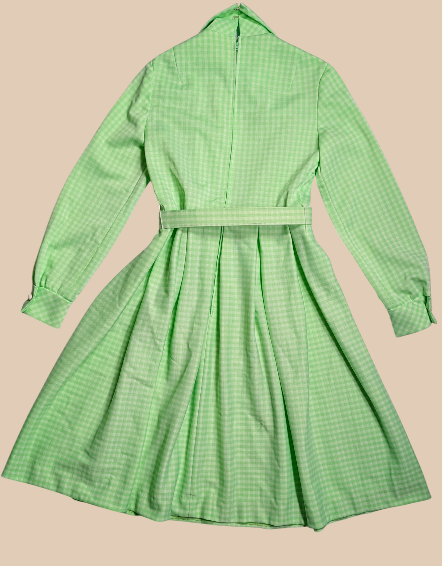 60s Nancy Greer Green Gingham Dress with Belt and Tie Neck