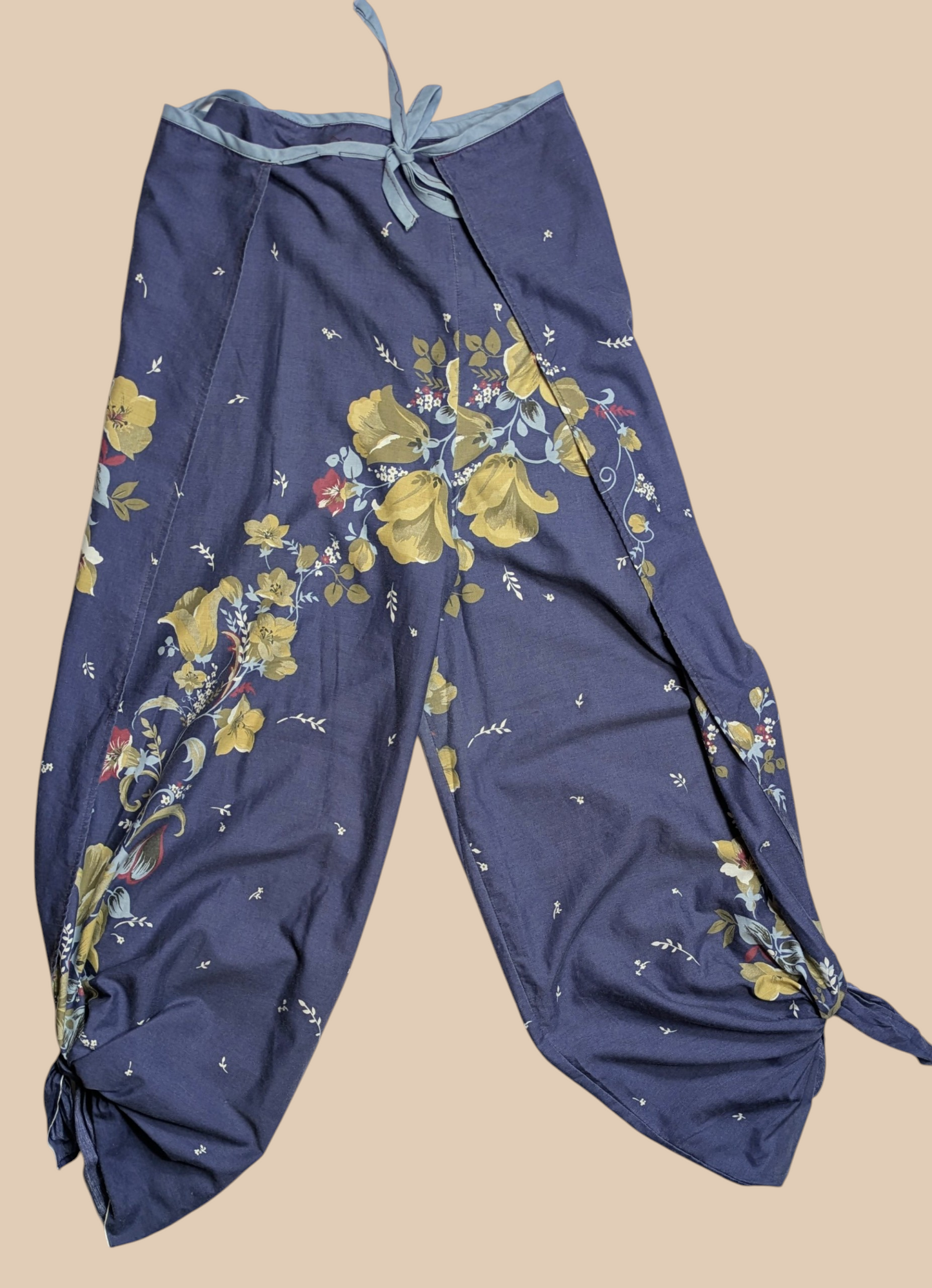 70s Blue Floral Tie-Up Harem Style Pants