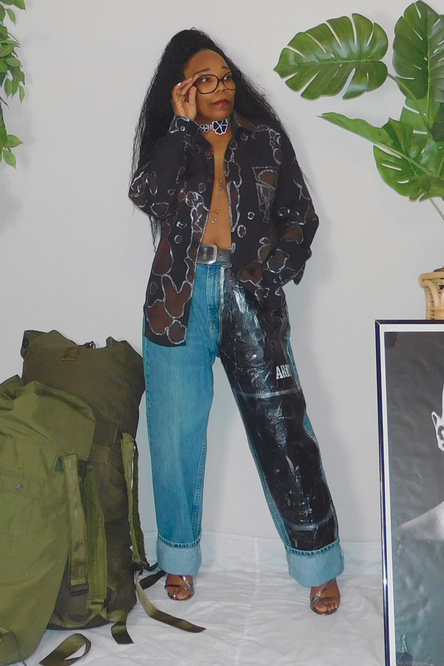 SOLDIER OF FORCE Me And My Army Faux Leather And Denim Jean