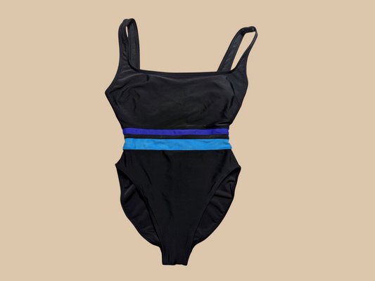 80s Anne Cole Black One-piece Swimsuit with Blue Stripes