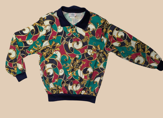 80s Cricket Lane Baroque-Style Pattern Long Sleeve Polo Top