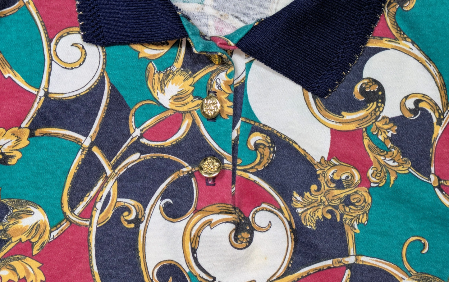 80s Cricket Lane Baroque-Style Pattern Long Sleeve Polo Top