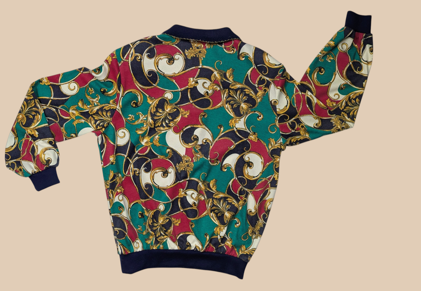 80s Cricket Lane Baroque-Style Pattern Long Sleeve Polo Top