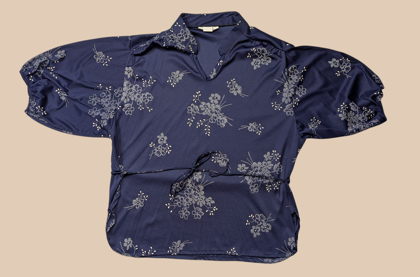 70s Blue Floral Blouse With Belt