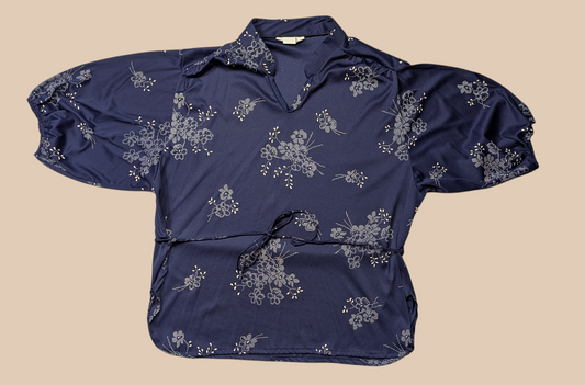 70s Blue Floral Blouse With Belt
