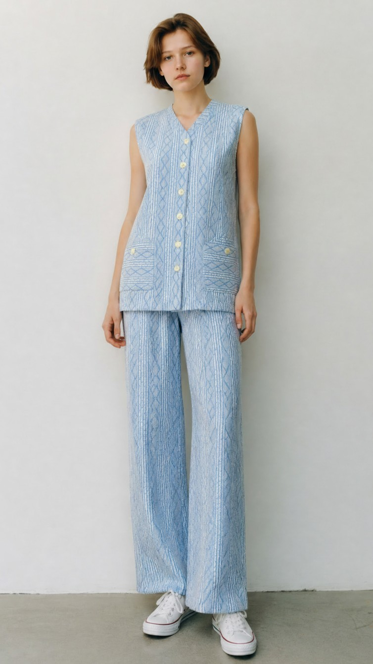 70s Fashions by Leila Blue and White Long Vest and Pants Set
