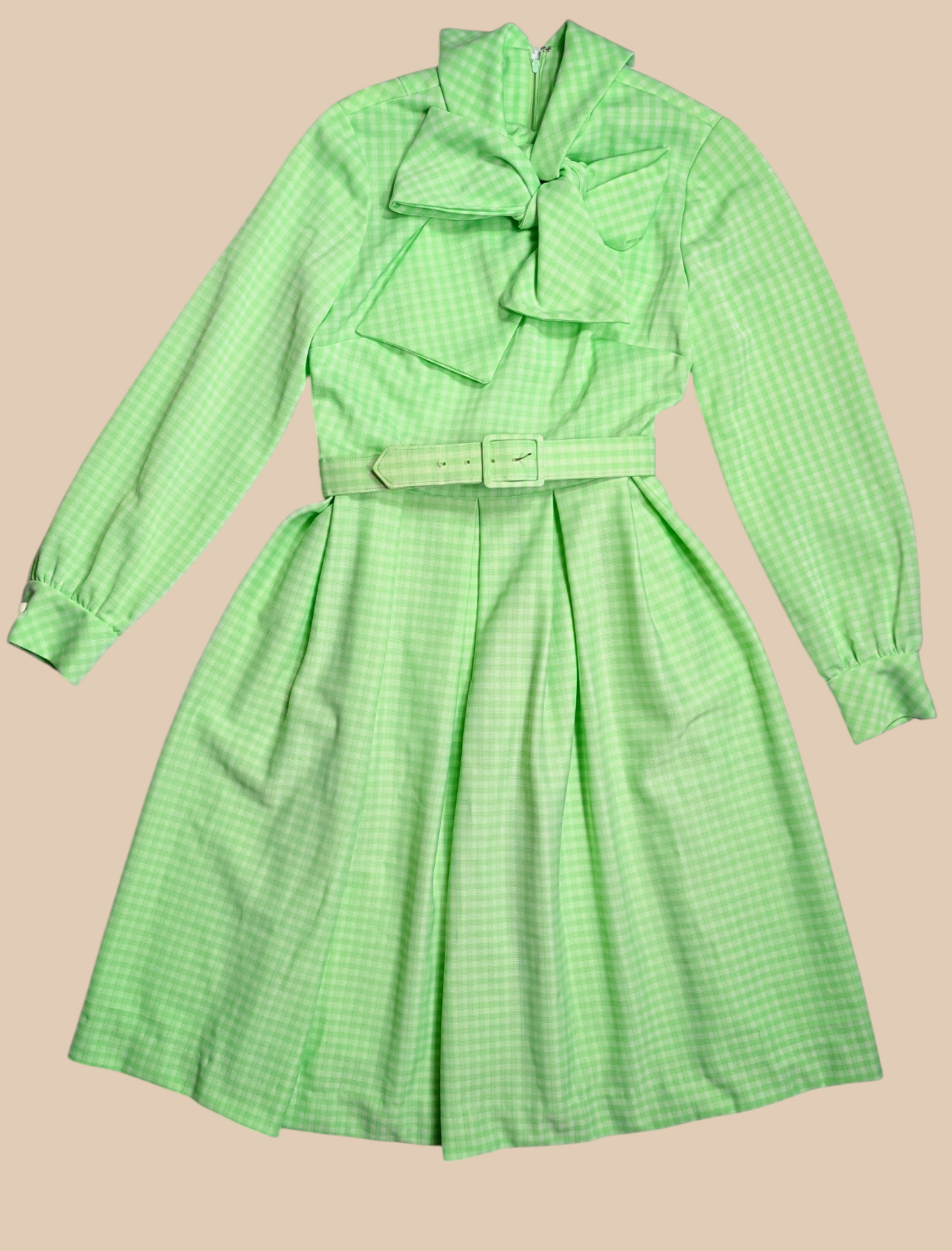 60s Nancy Greer Green Gingham Dress with Belt and Tie Neck
