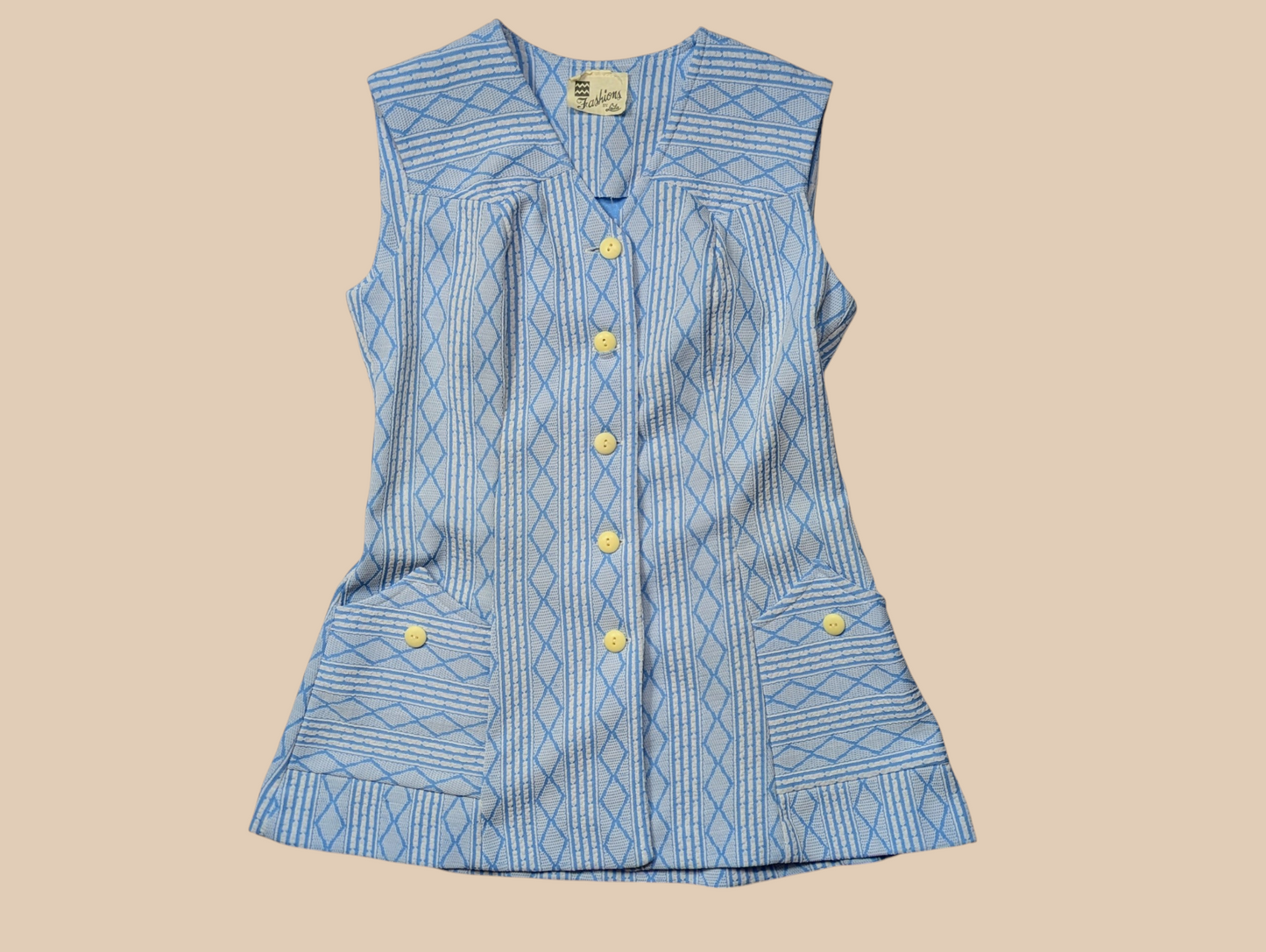 70s Fashions by Leila Blue and White Long Vest and Pants Set