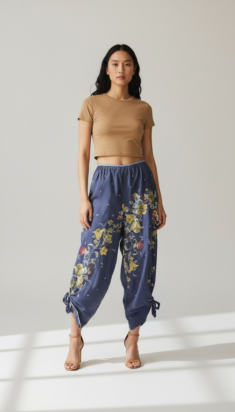 70s Blue Floral Tie-Up Harem Style Pants
