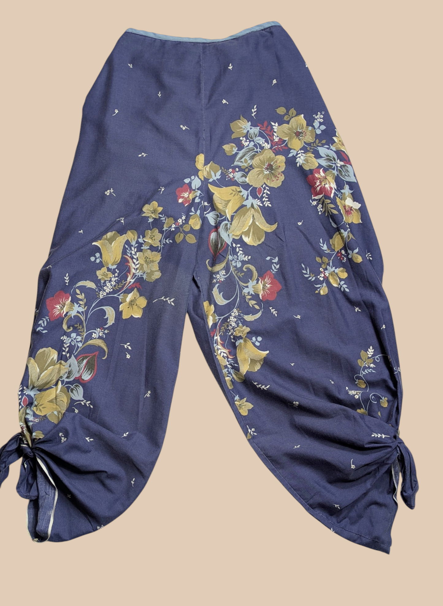 70s Blue Floral Tie-Up Harem Style Pants