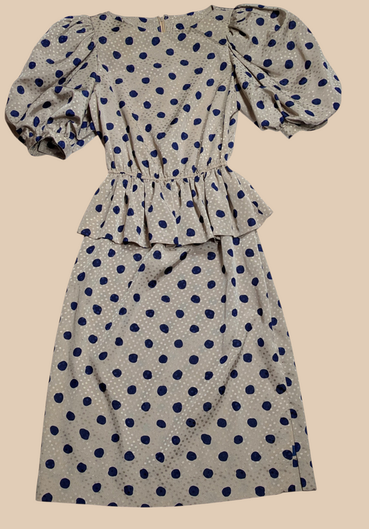 80s Connections Beige Polka Dot Peplum Dress
