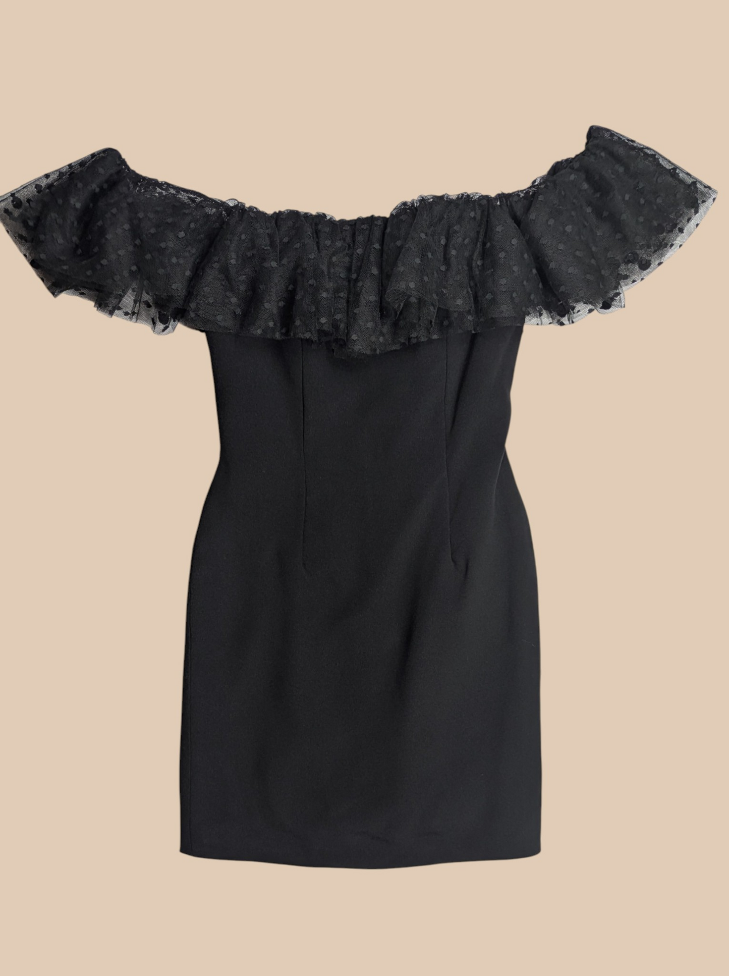 80s Victor Costa Off-The-Shoulder mini Dress with Polka Dot Mesh Ruffle