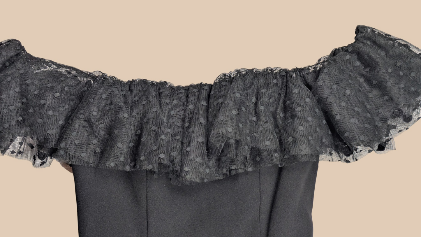 80s Victor Costa Off-The-Shoulder mini Dress with Polka Dot Mesh Ruffle