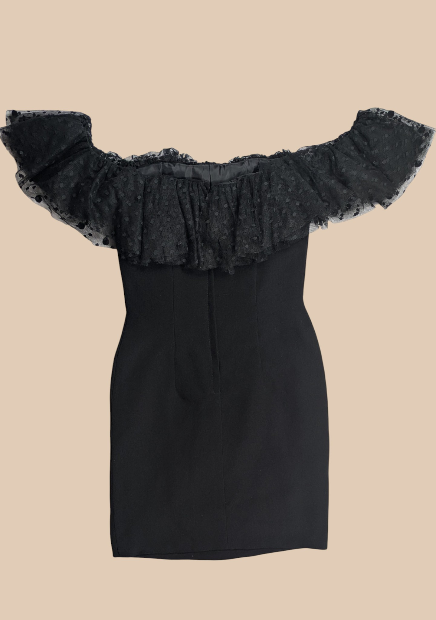 80s Victor Costa Off-The-Shoulder mini Dress with Polka Dot Mesh Ruffle