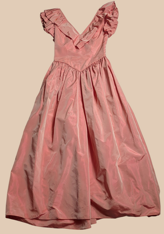 80s Pink Taffeta Basque-Waist Prom Dress