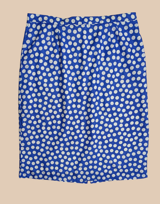 80s Blue Pencil Skirt with White Polka Dots