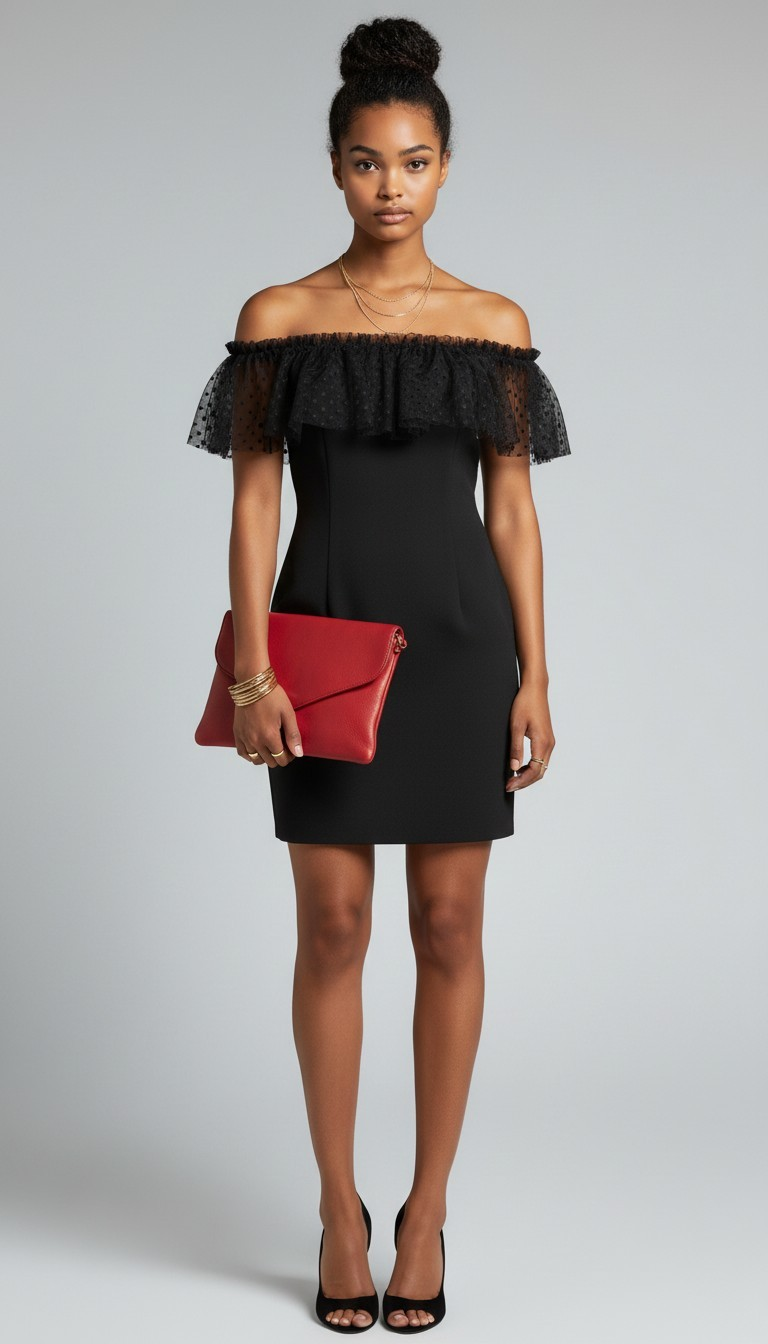 80s Victor Costa Off-The-Shoulder mini Dress with Polka Dot Mesh Ruffle