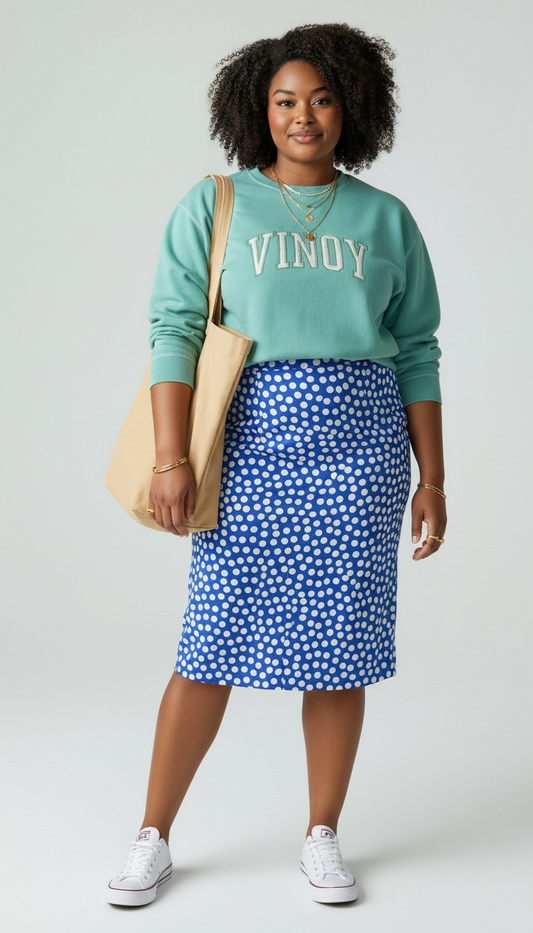 80s Blue Pencil Skirt with White Polka Dots