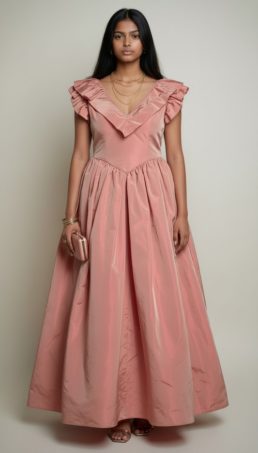 80s Pink Taffeta Basque-Waist Prom Dress