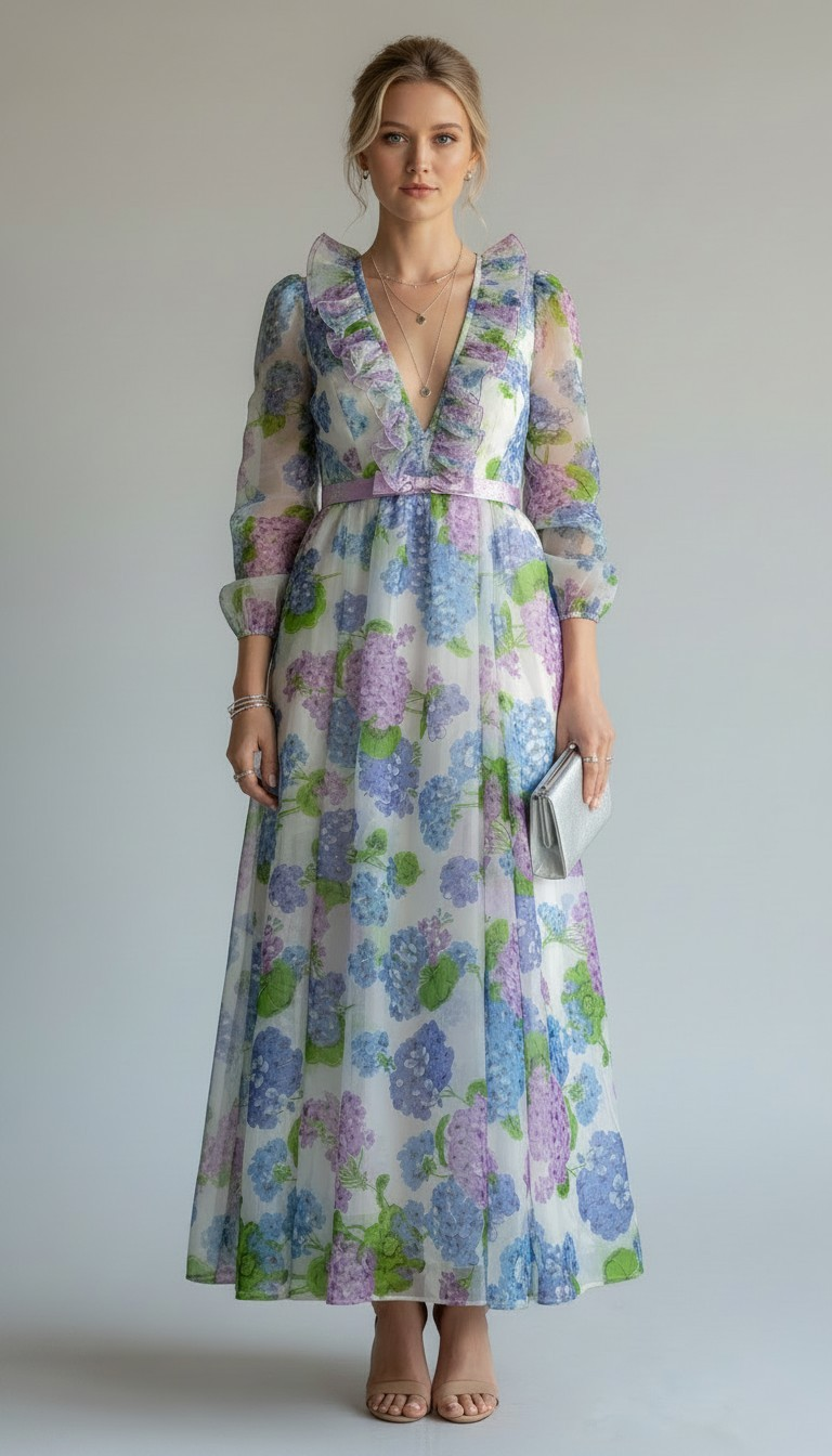 60s Miss Elliette Floral Maxi Dress with Ruffles