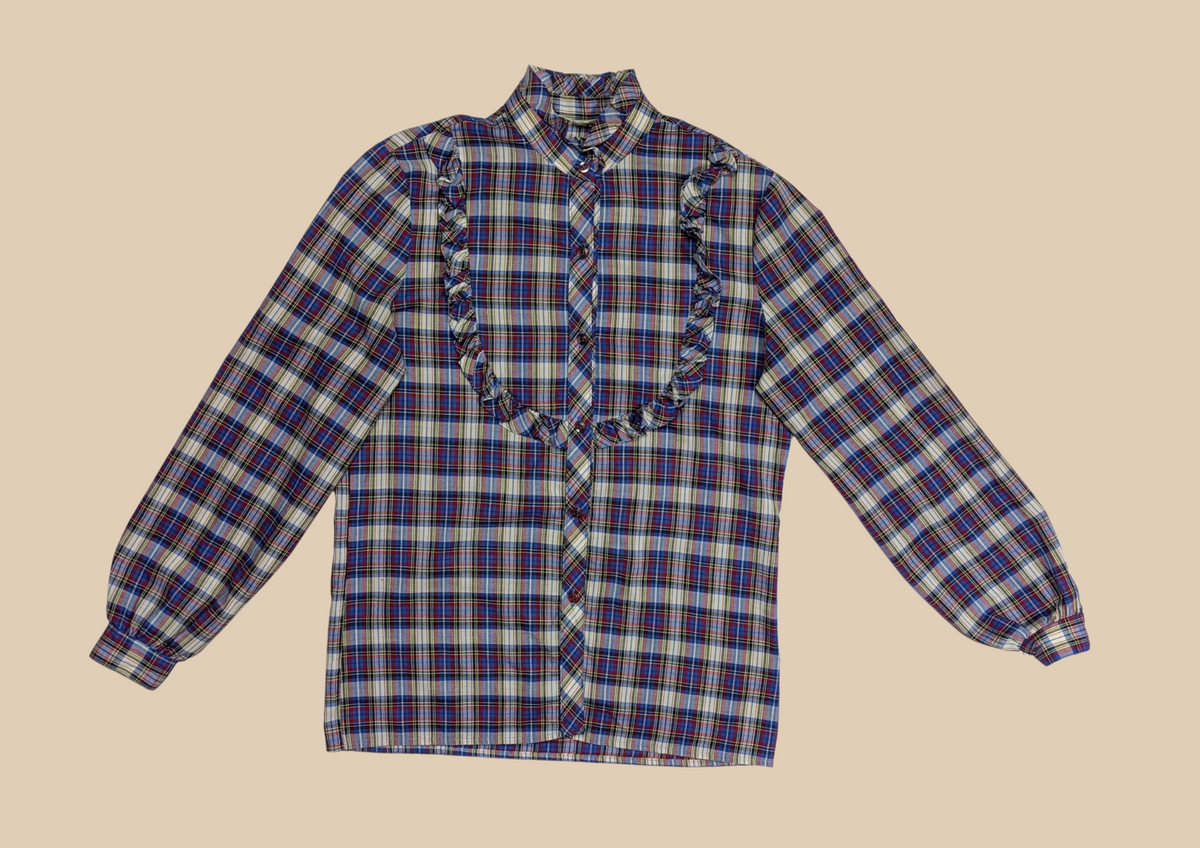 70s Lady Manhattan Plaid Top with Ruffles