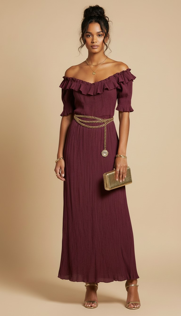 Y2K Burgundy Off The Shoulder Maxi Dress