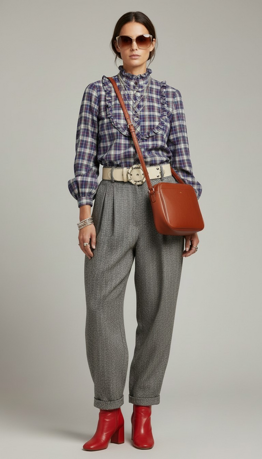 70s Lady Manhattan Plaid Top with Ruffles