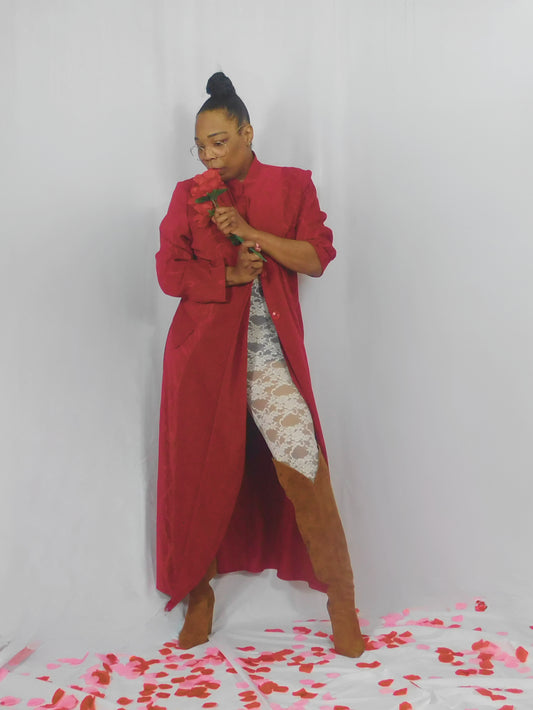 Lady in Red First Lady Long Duster Coat with Zebra Print Detail