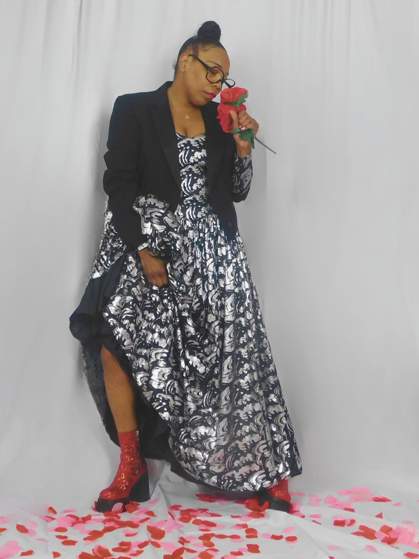 Goth Princess Silver and Black Floral Maxi Dress