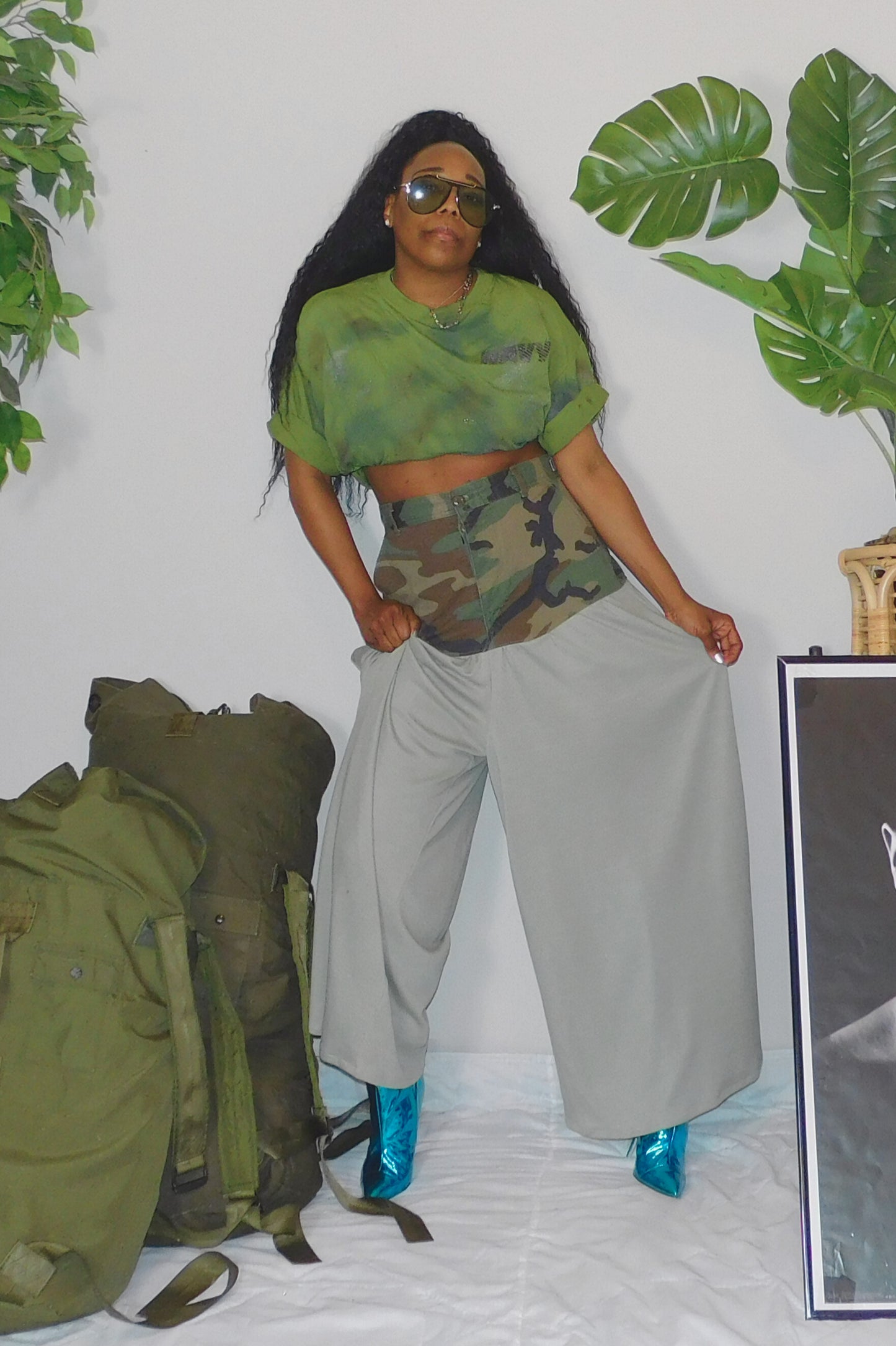 SOLDIER OF FORCE x Sew Lovely With Grace Waist Deep Wide Leg Camo Pants