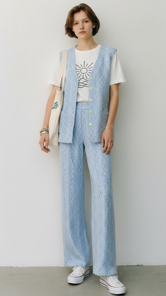 70s Fashions by Leila Blue and White Long Vest and Pants Set