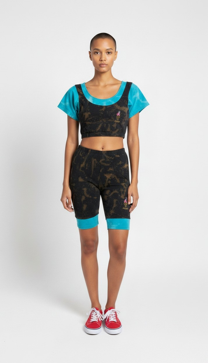 1996 Atlanta Olympic Bleached Out Black and Blue Crop Top and Biker Shorts Set