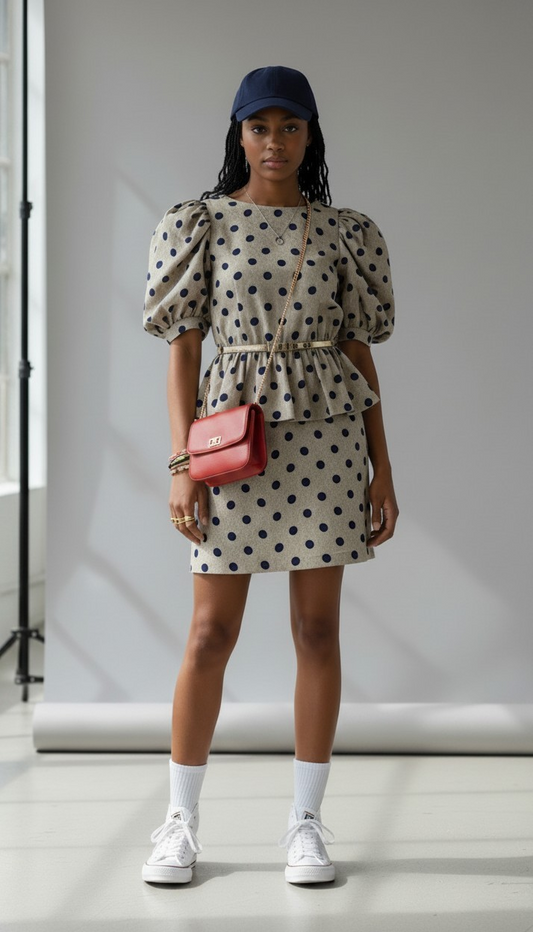 80s Connections Beige Polka Dot Peplum Dress