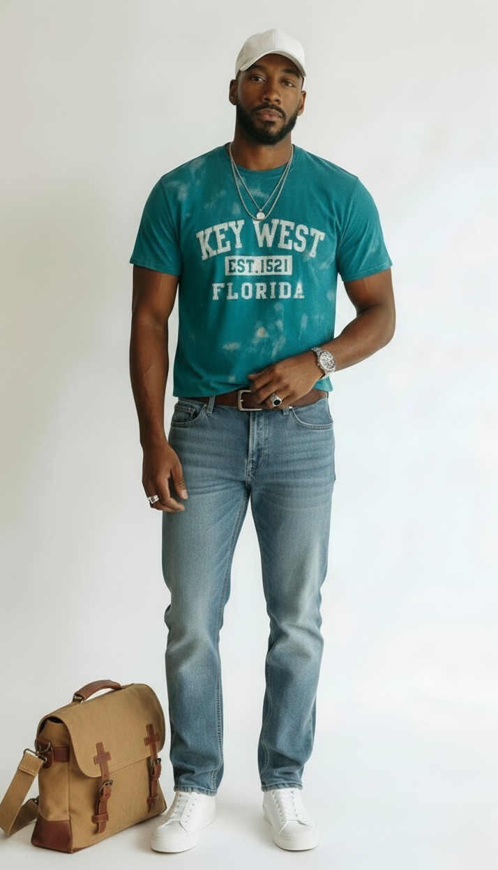 Teal "Key West Florida" Bleached Out Cropped Tee
