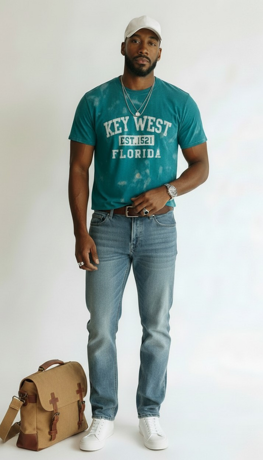 Teal "Key West Florida" Bleached Out Cropped Tee