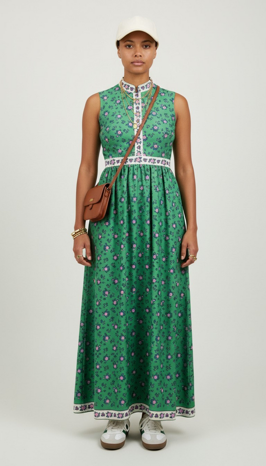 60s Yves Jennet  Green Floral Maxi Dress