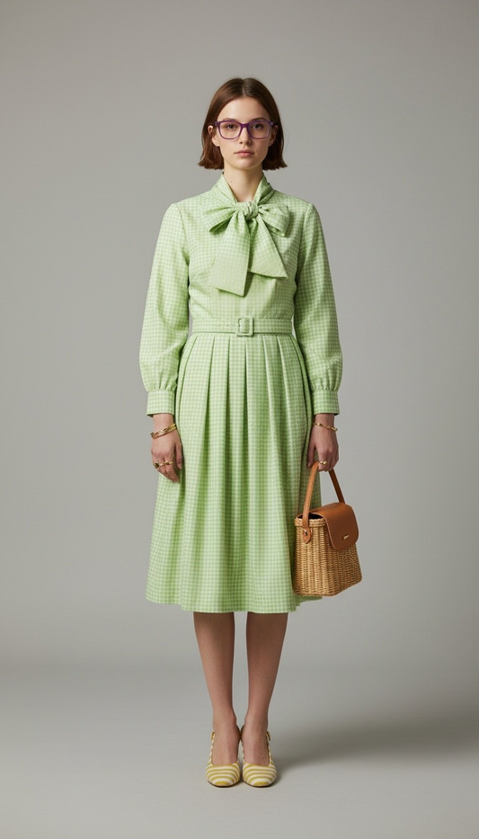 60s Nancy Greer Green Gingham Dress with Belt and Tie Neck