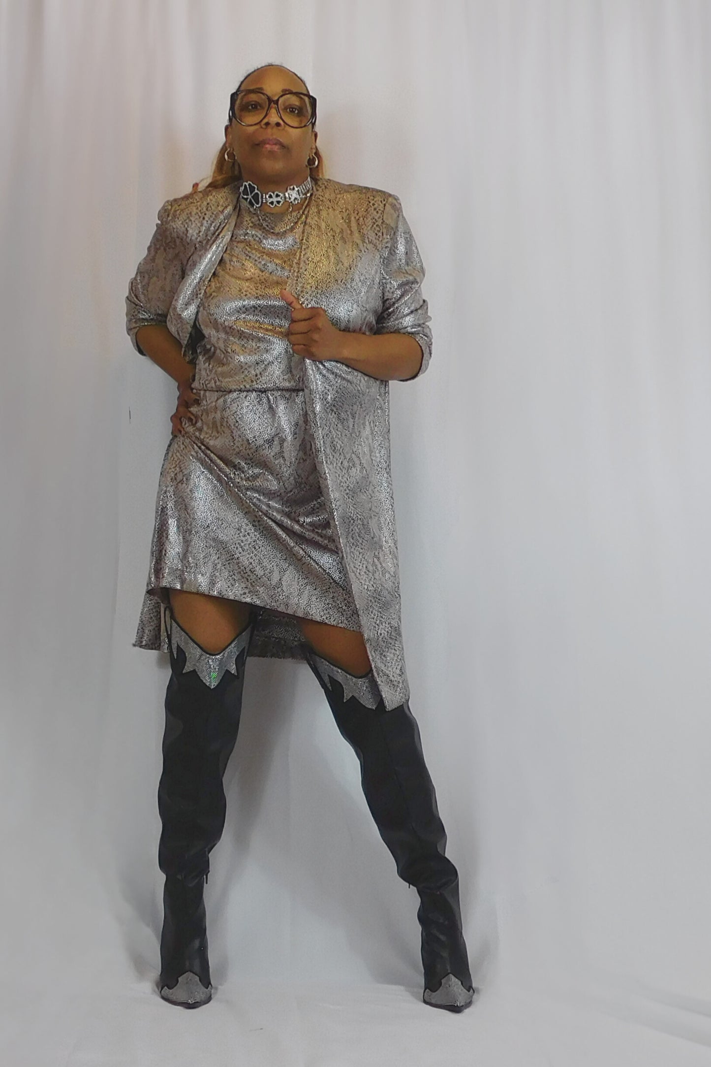 Shine Bright Like A Diamond Patra Snakeskin Metallic Dress Set.