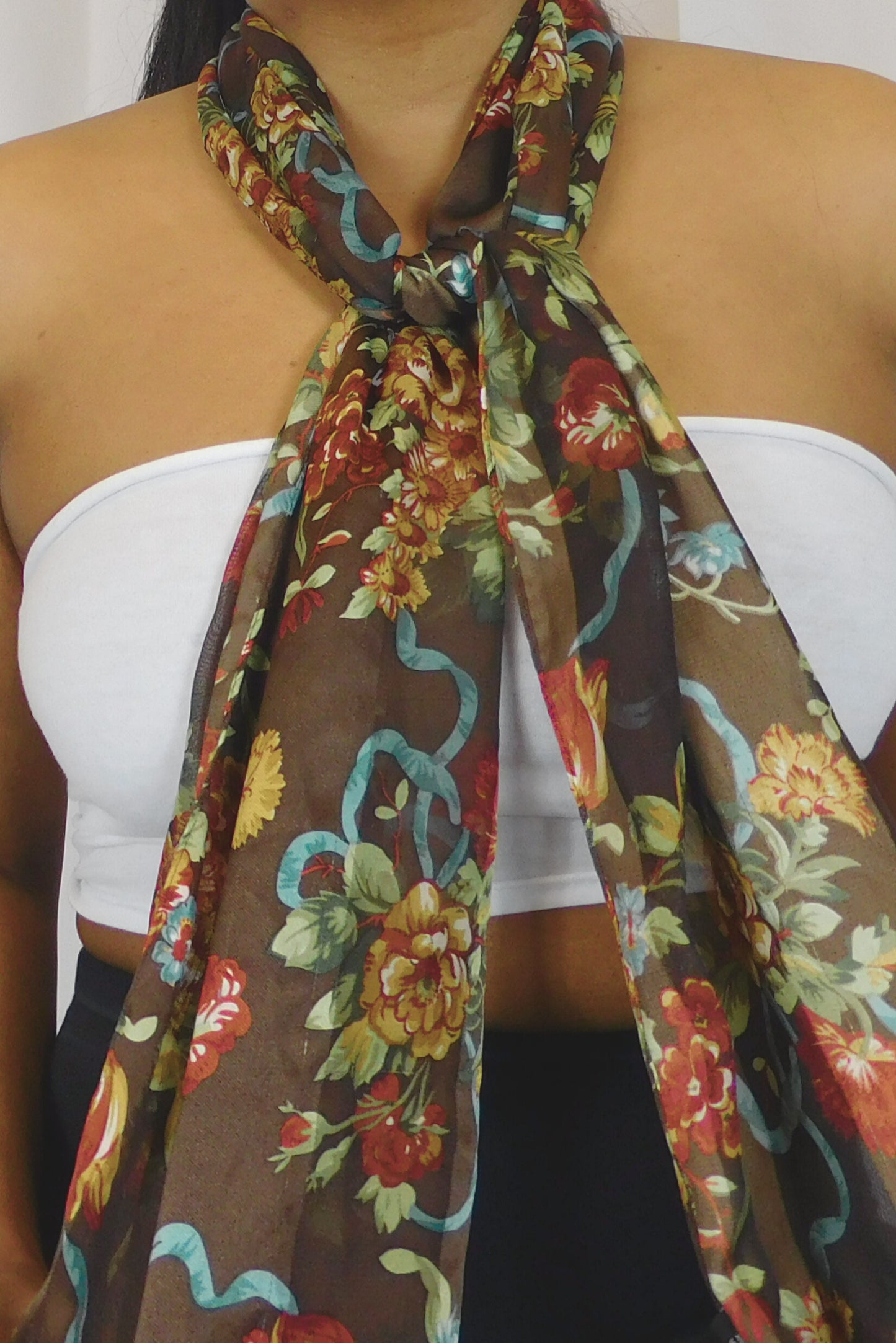 Cejon Accessories Brown Floral Long Scarf